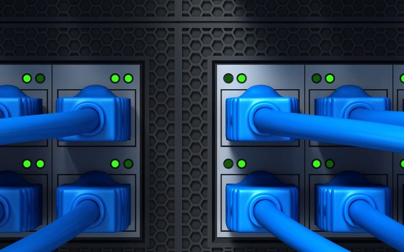 Blue network cables connected to server ports